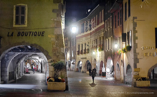 Night view of Annecy old town streets